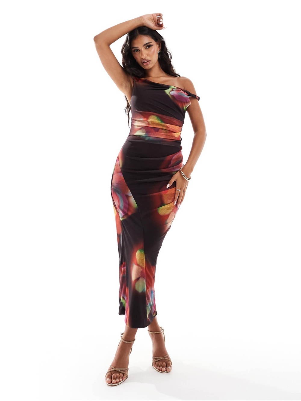NWT ASOS Floral One Shoulder Midi Twist Dress Womens Size 12 Multi Watercolor